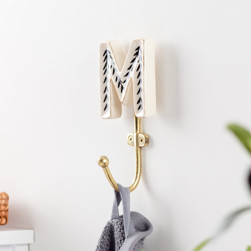  Accessories - Alphabet M Set of 1 Wall Hooks Ivory/Black Heya Home