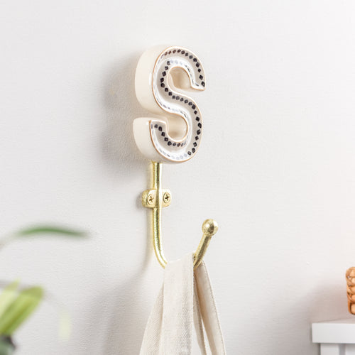  Accessories - Alphabet S Set of 1 Wall Hooks Ivory/Black Heya Home