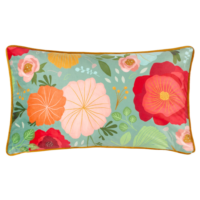 Kate Merritt Duck Egg Floral Illustrated Rectangular Cushion Cover in Green