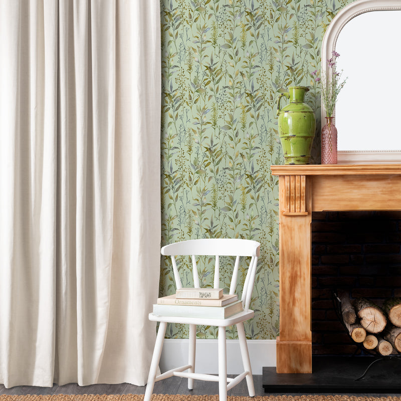 Floral Green Wallpaper - Aberduna  1.4m Wide Width Wallpaper (By The Metre) Sage Voyage Maison