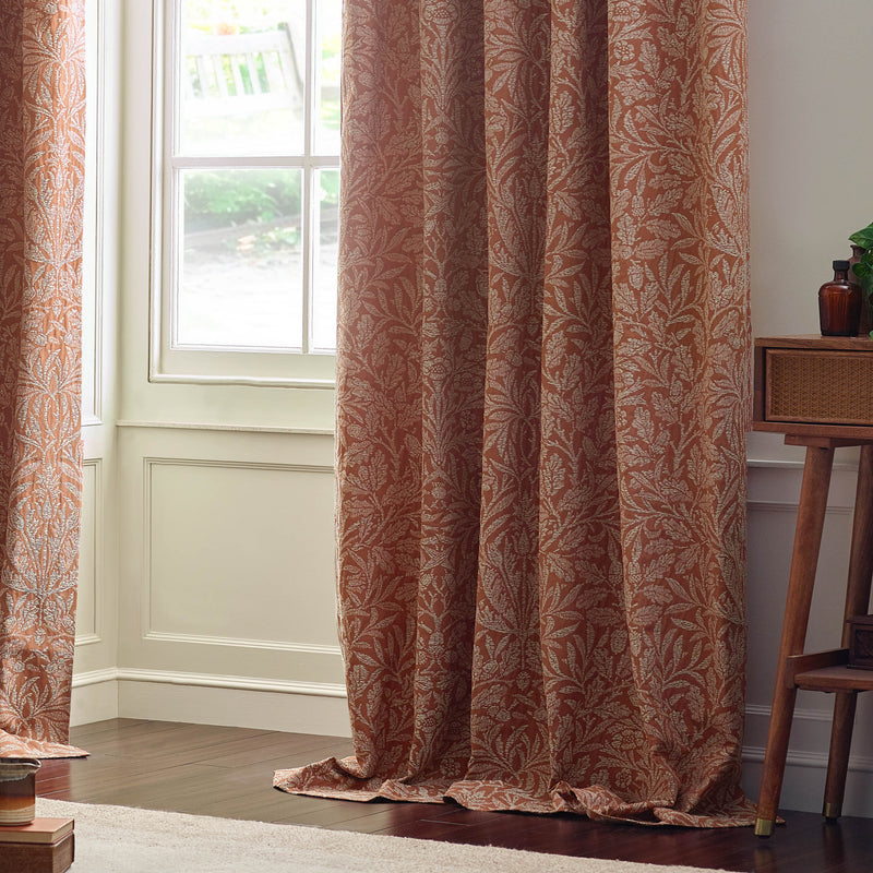 Floral Red Curtains - Acorn Tonal Matt Jacquard Pencil Pleat Curtains Brick Morris & Co