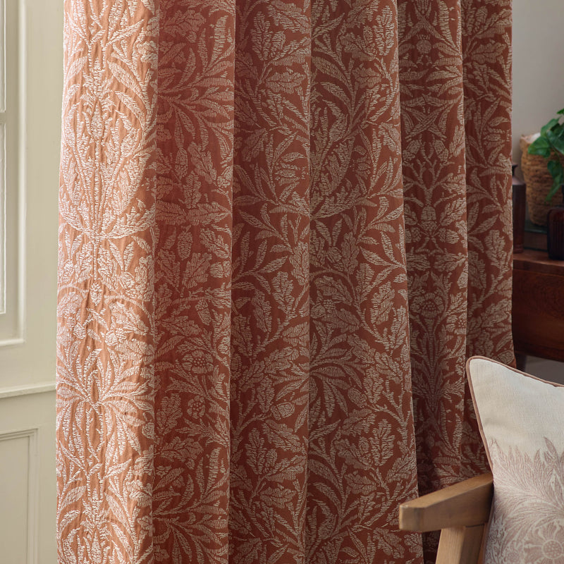 Floral Red Curtains - Acorn Tonal Matt Jacquard Pencil Pleat Curtains Brick Morris & Co