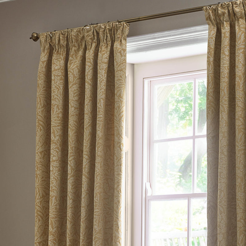 Floral Gold Curtains - Acorn Tonal Matt Jacquard Pencil Pleat Curtains Gold Morris & Co