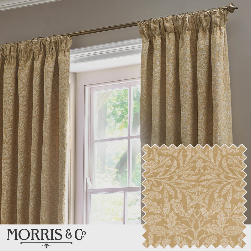 Floral Gold Curtains - Acorn Tonal Matt Jacquard Pencil Pleat Curtains Gold Morris & Co