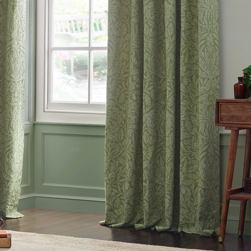 Floral Green Curtains - Acorn Tonal Matt Jacquard Pencil Pleat Curtains Sage Morris & Co