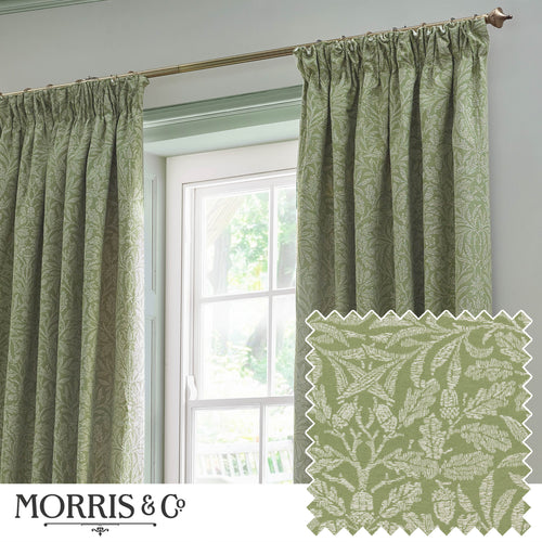 Floral Green Curtains - Acorn Tonal Matt Jacquard Pencil Pleat Curtains Sage Morris & Co