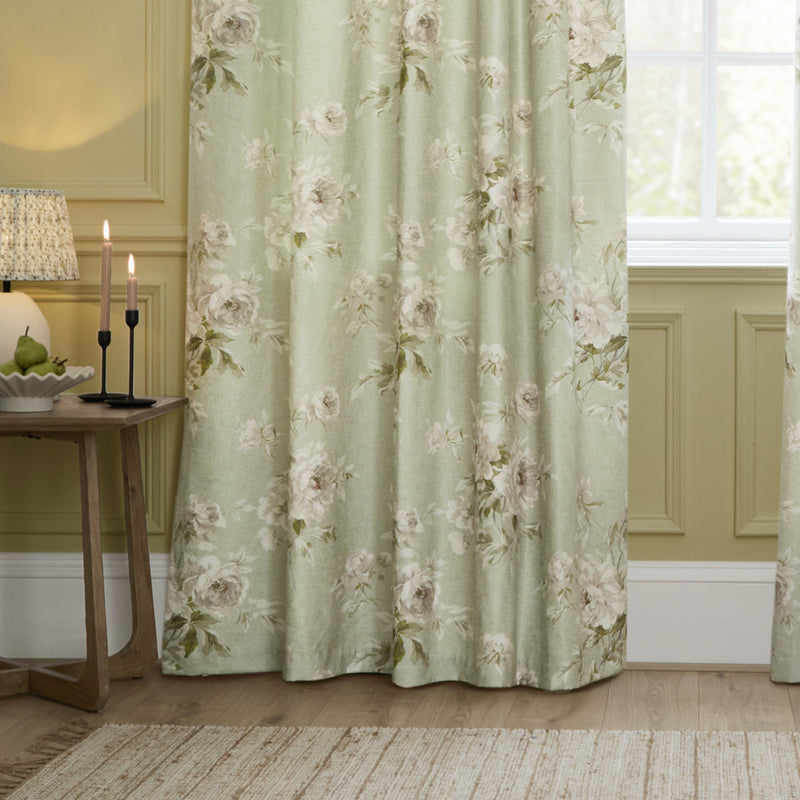 Floral Green Curtains - Adele Floral Chenille Pencil Pleat Curtains Sage Sanderson