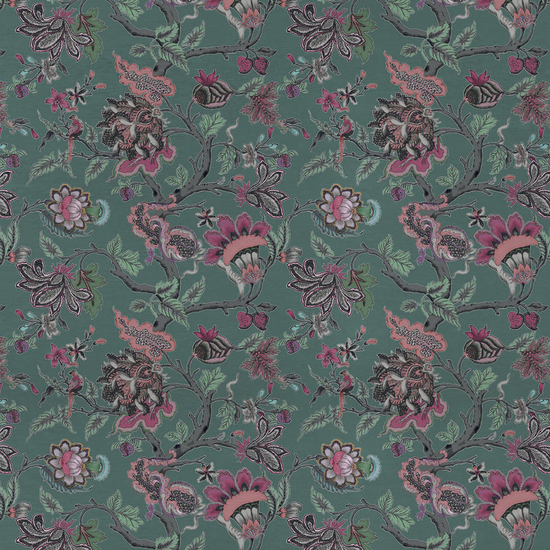 Floral Green Fabric - Adhira Printed Cotton Fabric (By The Metre) Onyx Voyage Maison