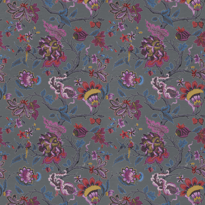 Floral Grey Fabric - Adhira Printed Cotton Fabric (By The Metre) Slate Voyage Maison