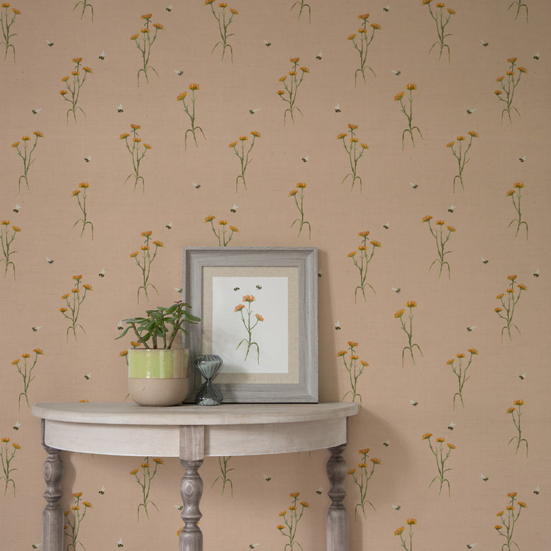 Floral Orange Wallpaper - Allimore  1.4m Wide Width Wallpaper (By The Metre) Apricot Voyage Maison