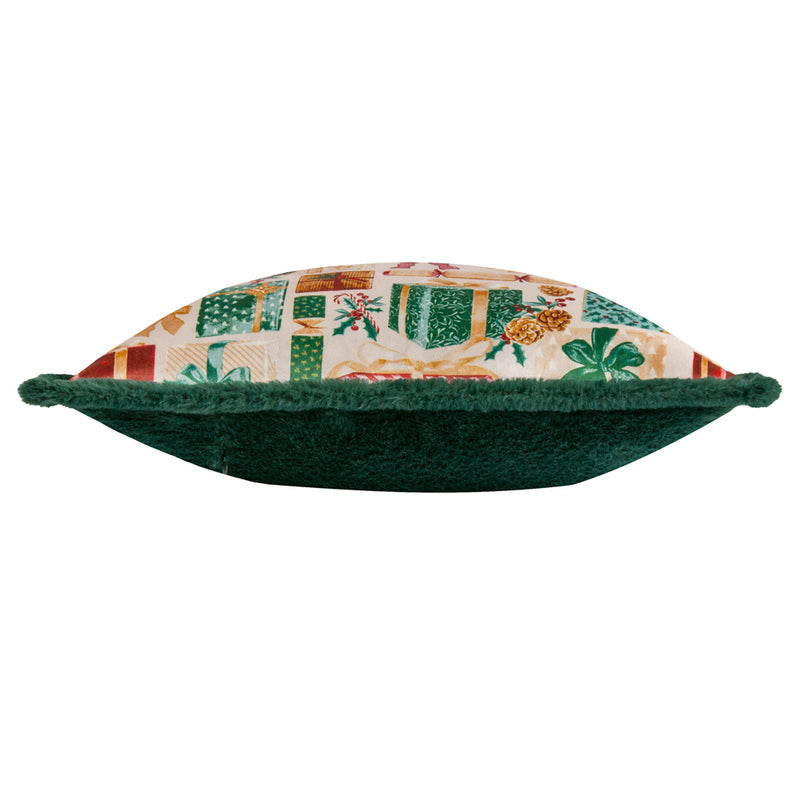  Green Cushions - All Wrapped Up Velvet Faux Fur Cushion Cover Emerald/Red Furn