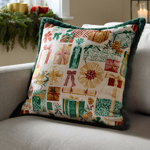  Green Cushions - All Wrapped Up Velvet Faux Fur Cushion Cover Emerald/Red Furn