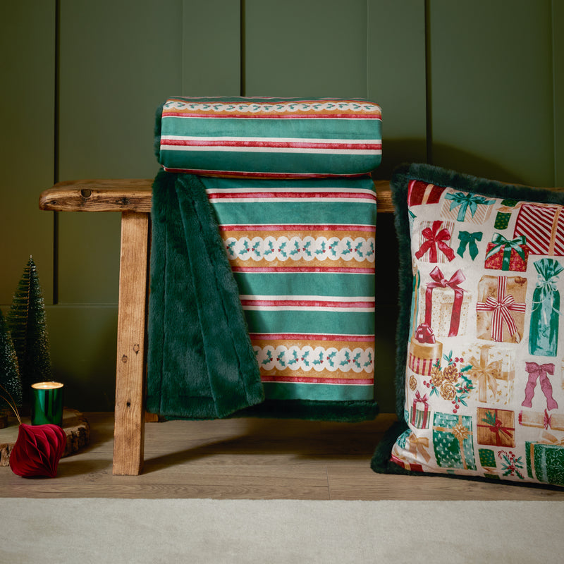 Striped Green Throws - All Wrapped Up Velvet Faux Fur Throw Emerald/Red Furn