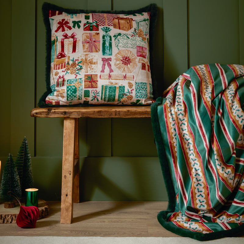 Striped Green Throws - All Wrapped Up Velvet Faux Fur Throw Emerald/Red Furn