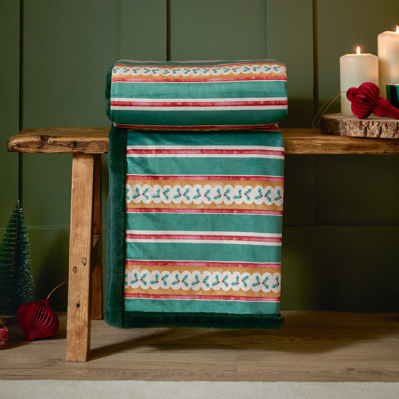 Striped Green Throws - All Wrapped Up Velvet Faux Fur Throw Emerald/Red Furn