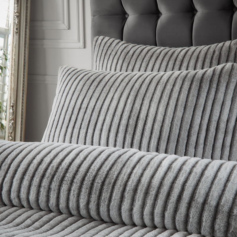 Alpine Striped Faux Fur Duvet Cover Set Grey