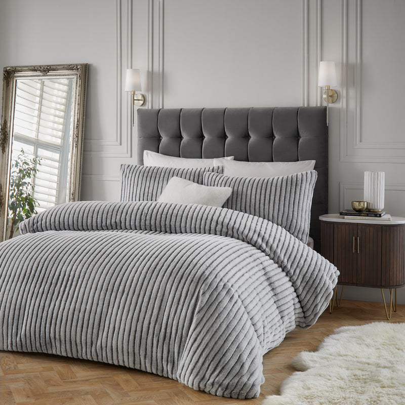 Alpine Striped Faux Fur Duvet Cover Set Grey