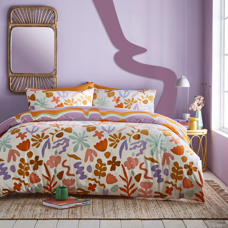 furn. Amelie Printed Abstract Floral Duvet Cover Set in Orange/Lilac