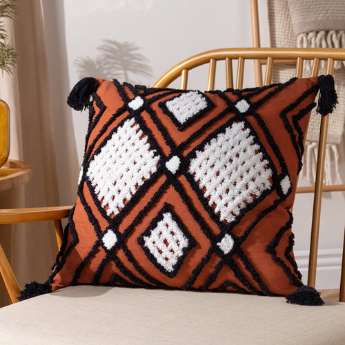 furn. Aquene Tufted Tasselled Cushion Cover in Brick/Black