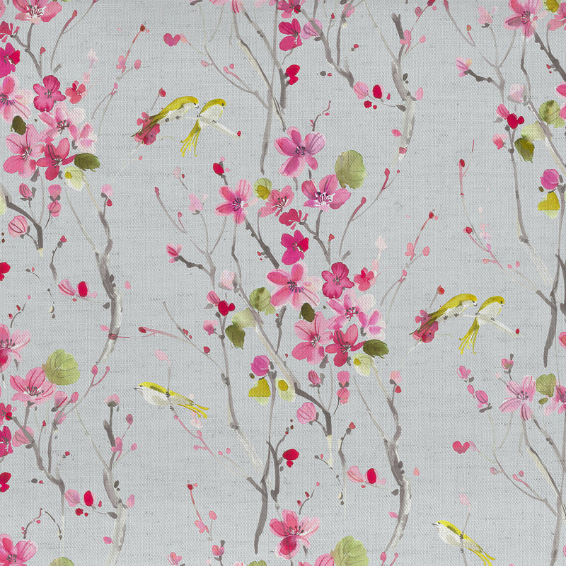 Floral Pink Fabric - Armathwaite Printed Cotton Fabric (By The Metre) Blossom/Silver Voyage Maison