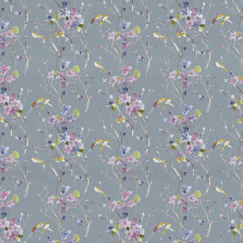 Floral Grey Fabric - Armathwaite Printed Cotton Fabric (By The Metre) Violet/Slate Voyage Maison