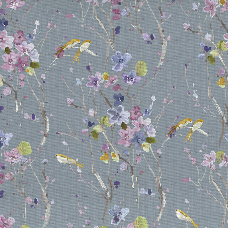 Floral Grey Fabric - Armathwaite Printed Cotton Fabric (By The Metre) Violet/Slate Voyage Maison