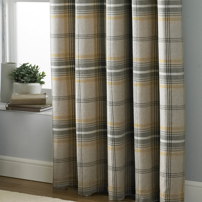 Paoletti Aviemore Tartan Faux Wool Eyelet Curtains in Ochre