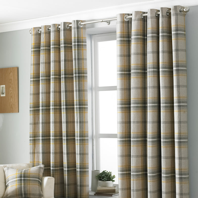 Paoletti Aviemore Tartan Faux Wool Eyelet Curtains in Ochre