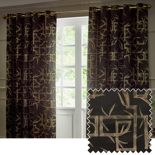 Geometric Black Curtains - Bamboo Fully Lined Jacquard Eyelet Curtains Black Paoletti