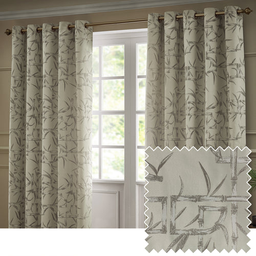 Geometric Cream Curtains - Bamboo Fully Lined Jacquard Eyelet Curtains Champagne Paoletti