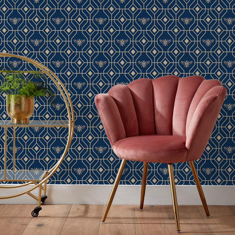 furn. Bee Deco Gold Foil Wallpaper in Navy