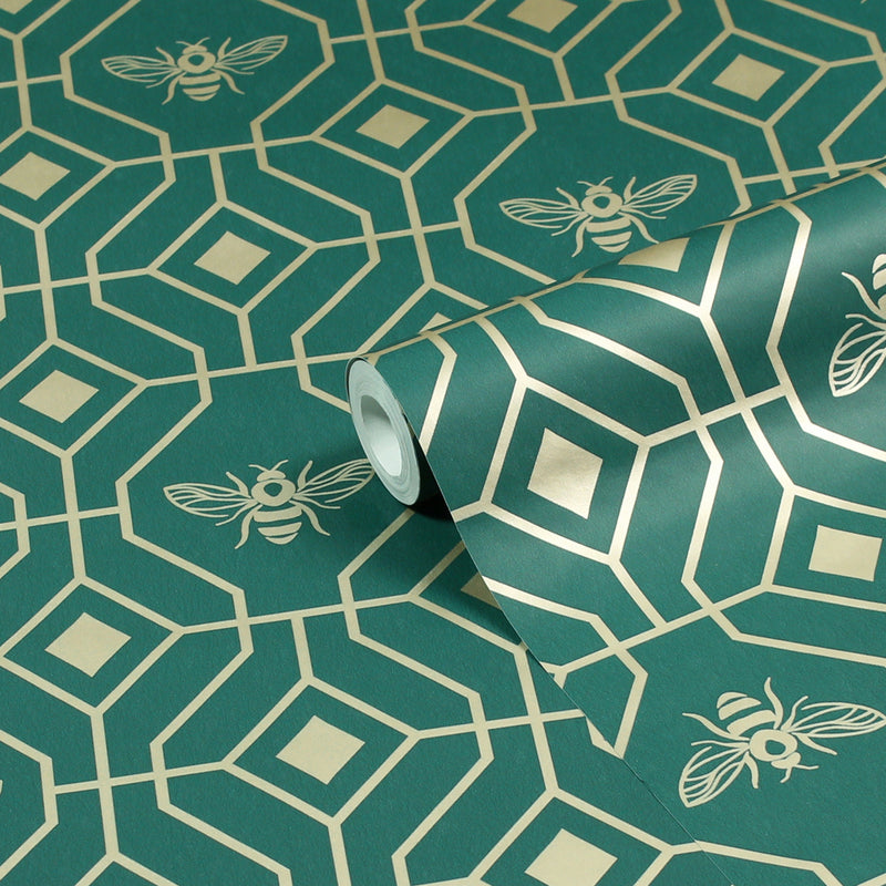 furn. Bee Deco Gold Foil Wallpaper Sample in Emerald