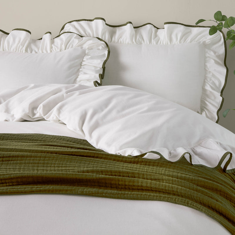 Plain Green Bedding - Blousey Ruffled Cotton Pillowcase Pair Olive Wylder Nature