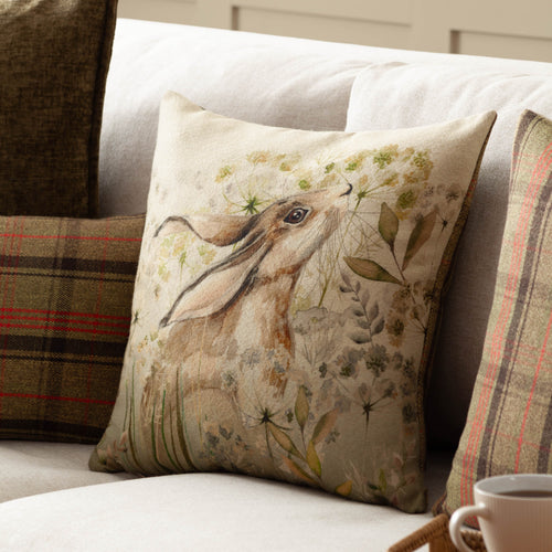 Animal Beige Cushions - Bramble Hare Printed Cushion Cover Hare Evans Lichfield