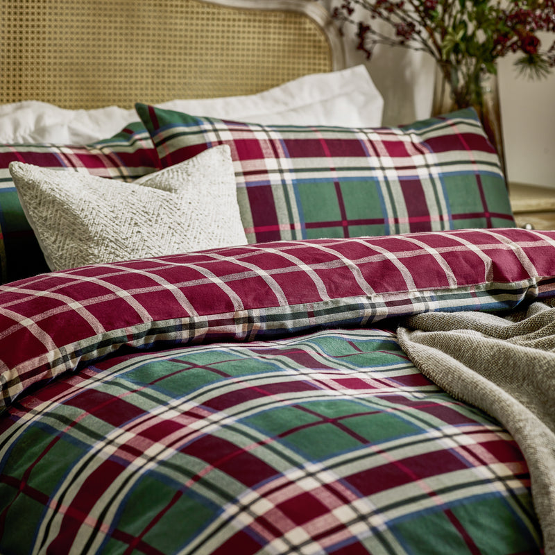 Check Red Bedding  - Braemar Check Soft Brushed Cotton Duvet Cover Set Berry/Pine Wylder Nature
