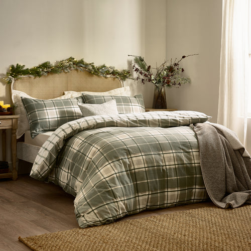 Check Green Bedding  - Braemar Check Soft Brushed Cotton Duvet Cover Set Green/Natural Wylder