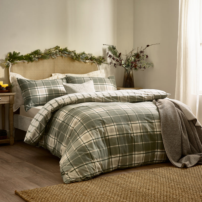 Check Green Bedding  - Braemar Check Soft Brushed Cotton Duvet Cover Set Green/Natural Wylder Nature
