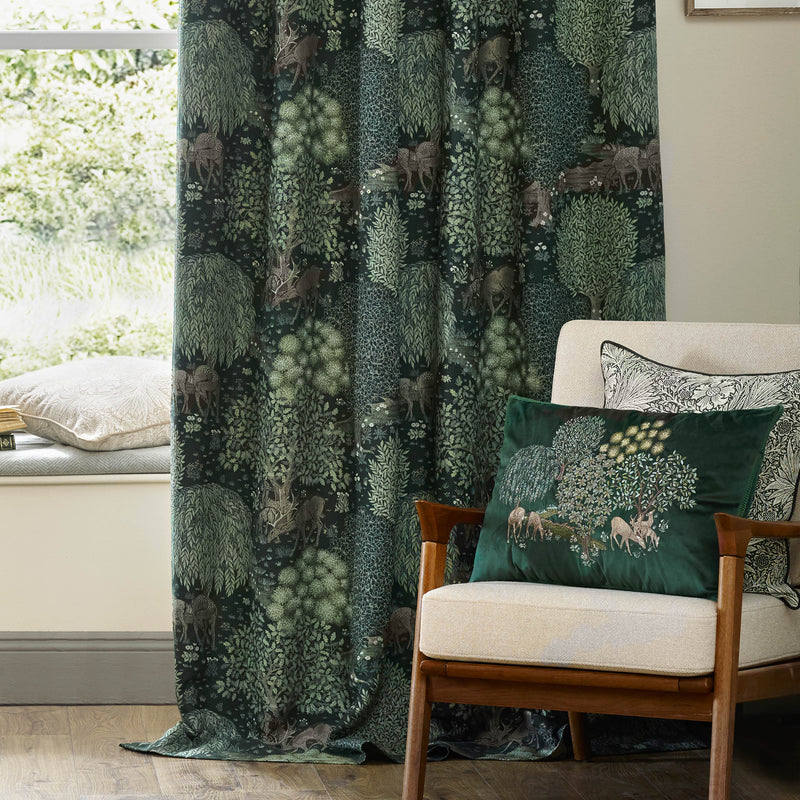 Woodland Green Curtains - Brook Woodland Jacquard Pencil Pleat Curtains Forest Green Morris & Co