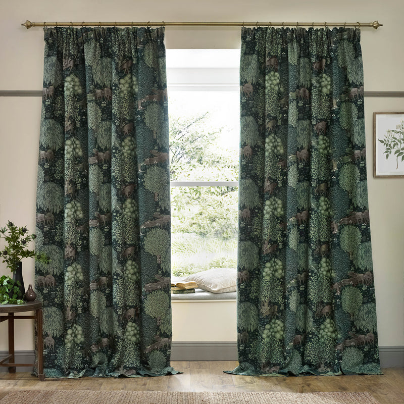 Woodland Green Curtains - Brook Woodland Jacquard Pencil Pleat Curtains Forest Green Morris & Co