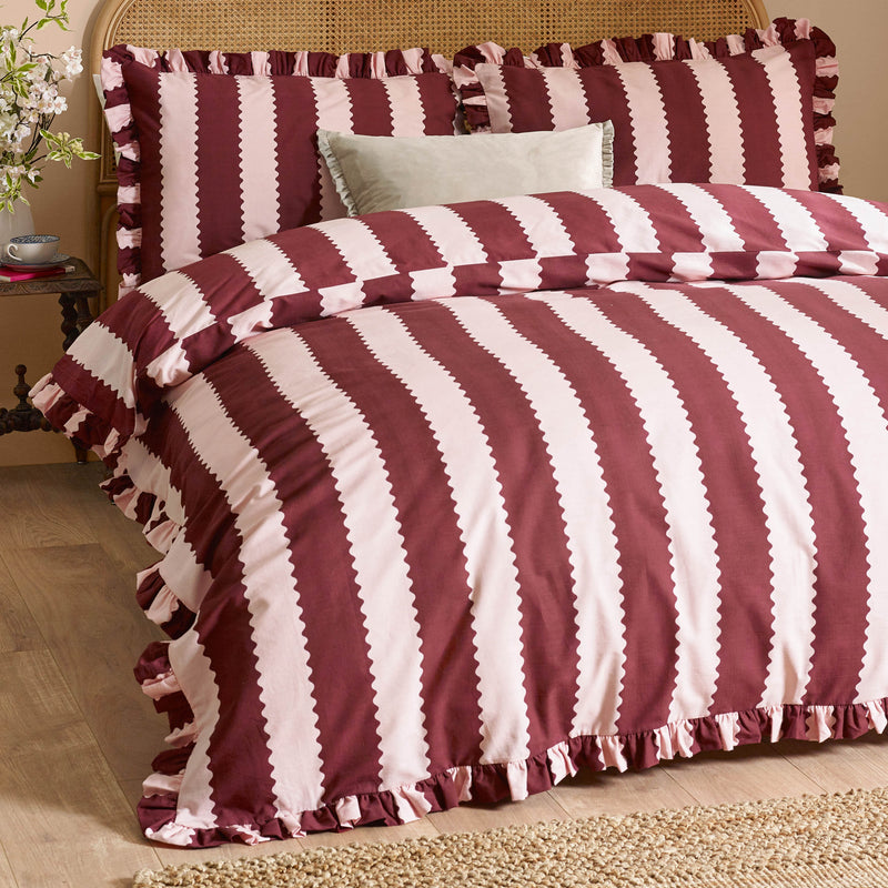  Bedding  - Birdie Stripe  Duvet Cover Set Burgundy/Blossom Wylder