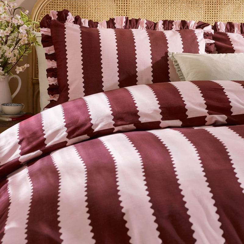 Bedding  - Birdie Stripe  Duvet Cover Set Burgundy/Blossom Wylder