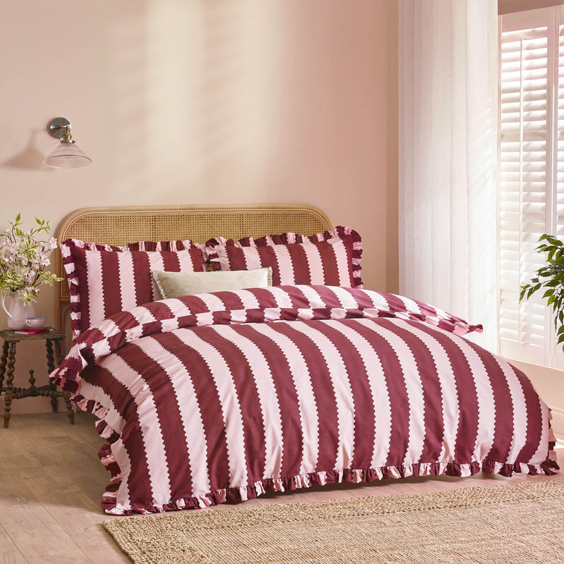  Bedding  - Birdie Stripe  Duvet Cover Set Burgundy/Blossom Wylder