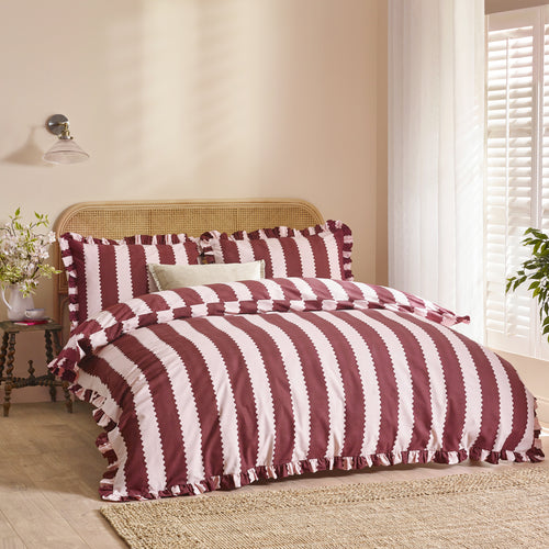 Striped Red Bedding  - Birdie Stripe Ruffle Duvet Cover Set Burgundy/Blossom Wylder