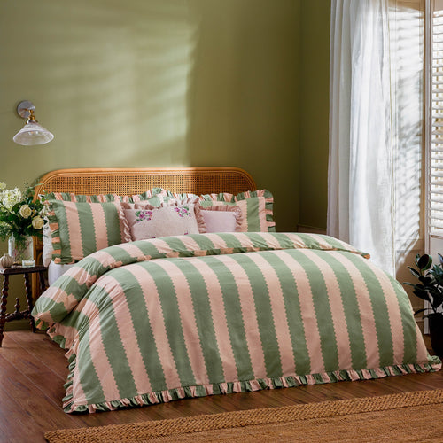 Striped Multi Bedding - Birdie Stripe Ruffle Duvet Cover Set Pink/Green Wylder Nature