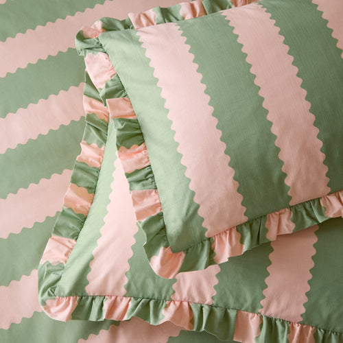 Striped Pink Bedding - Birdie Stripe Ruffle Pillowcase Pair Pink/Green Wylder
