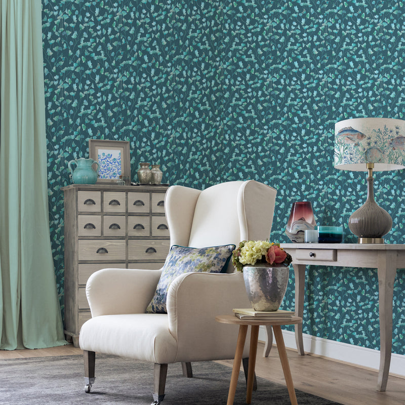 Floral Blue Wallpaper - Cala  1.4m Wide Width Wallpaper (By The Metre) Teal Voyage Maison