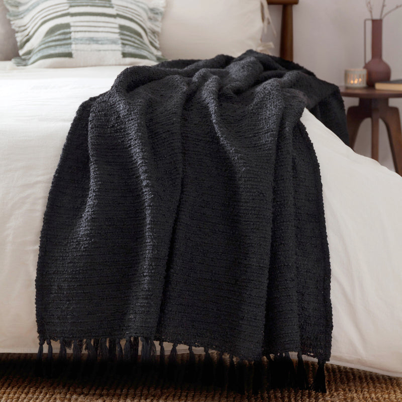 Plain Black Throws - Candar Textured Boucle Throw Black Yard