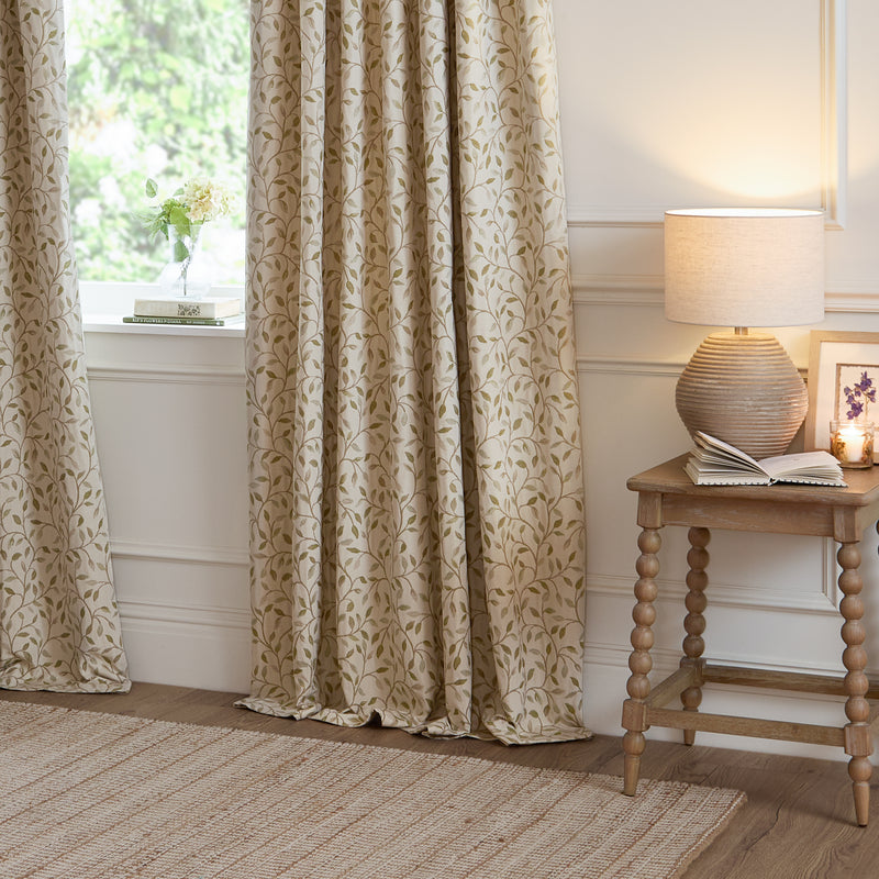 Floral Green Curtains - Cervino Jacquard Room Darkening Pencil Pleat Curtains Lichen Voyage Maison