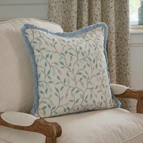 Floral Blue Cushions - Cervino Fringed Jacquard Cushion Cover Duck Egg Voyage Maison