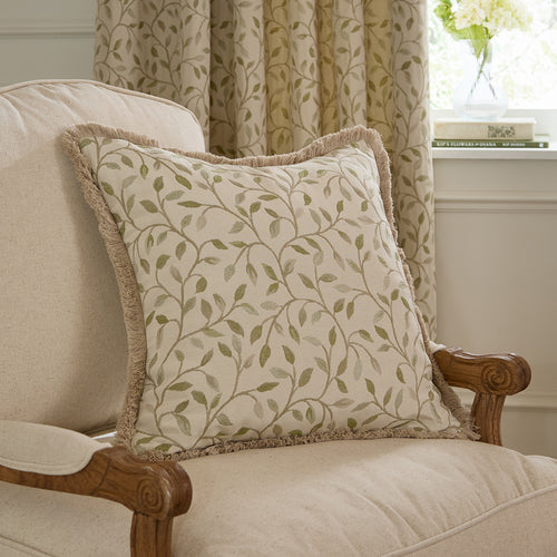 Floral Green Cushions - Cervino Fringed Jacquard Cushion Cover Lichen Voyage Maison